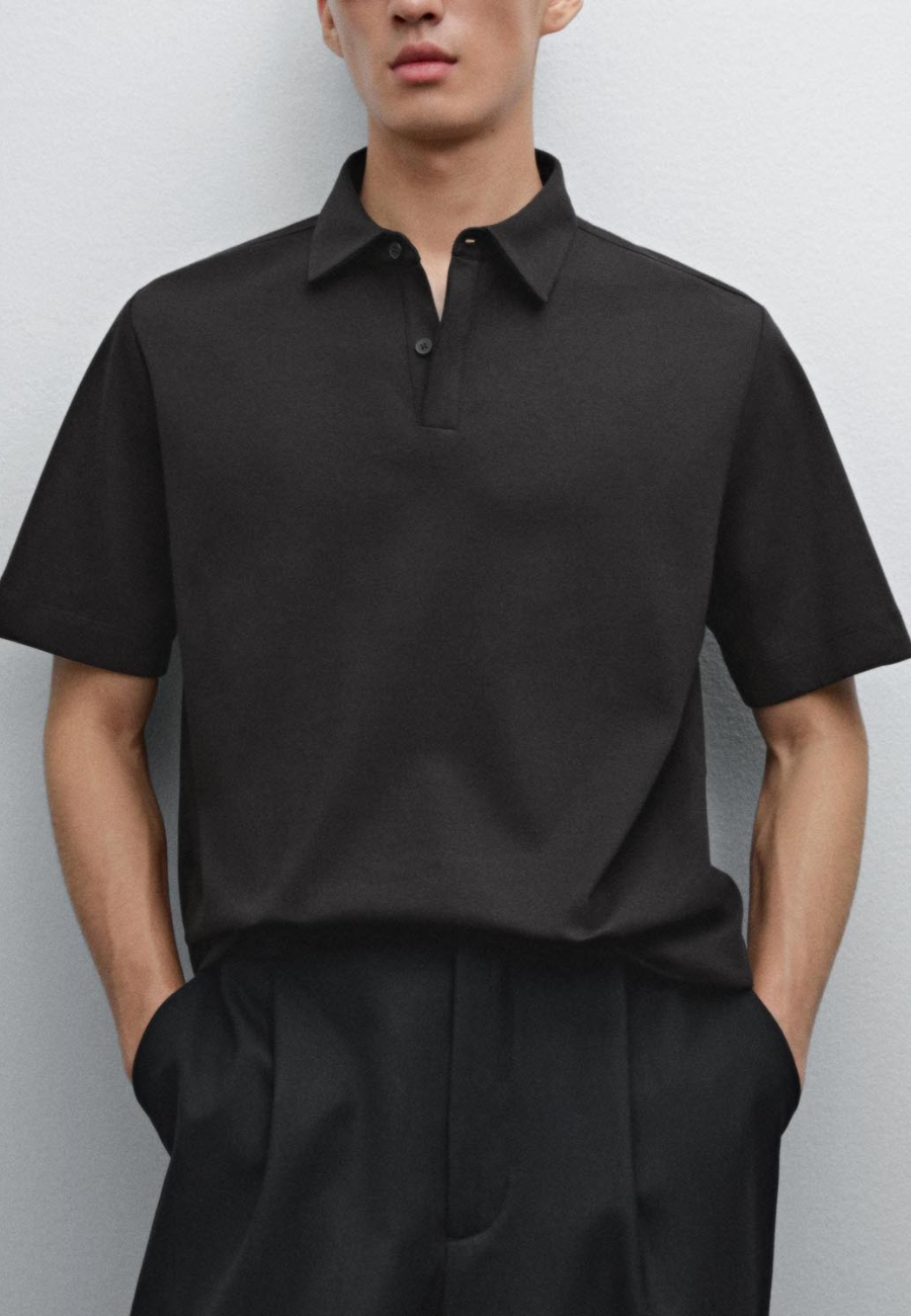 Massimo Dutti 100% Cotton Short Sleeve Polo Shirt - Black