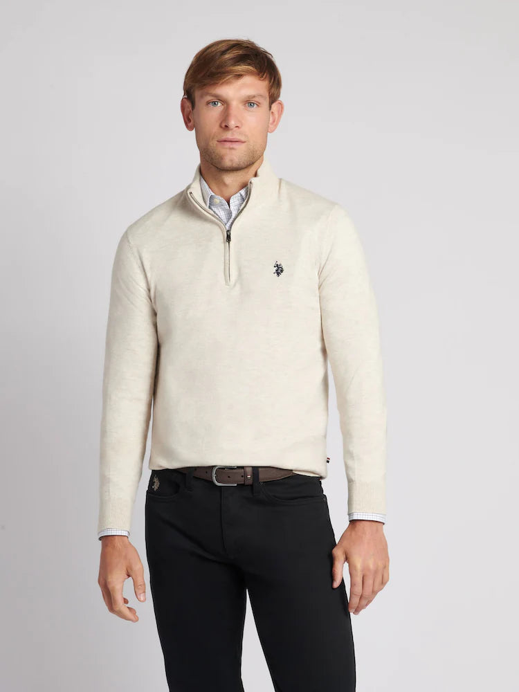 U.S. Polo Assn. Cream Cotton Funnel Neck Quarter Zip Knit