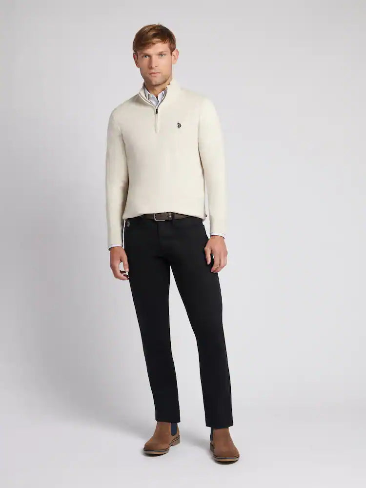 U.S. Polo Assn. Cream Cotton Funnel Neck Quarter Zip Knit