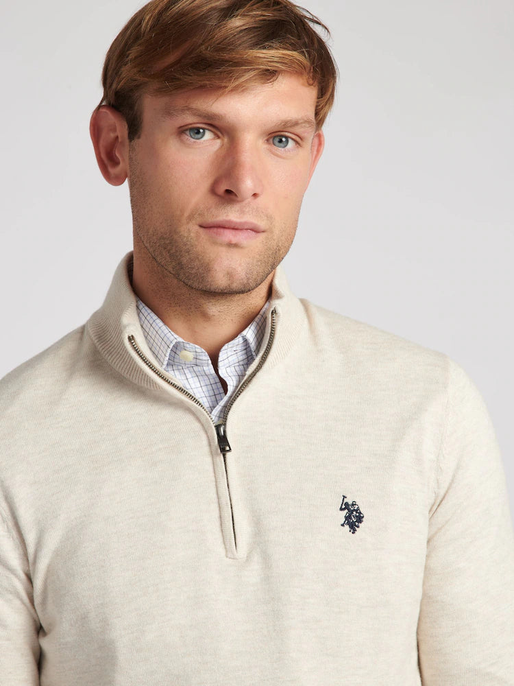 U.S. Polo Assn. Cream Cotton Funnel Neck Quarter Zip Knit