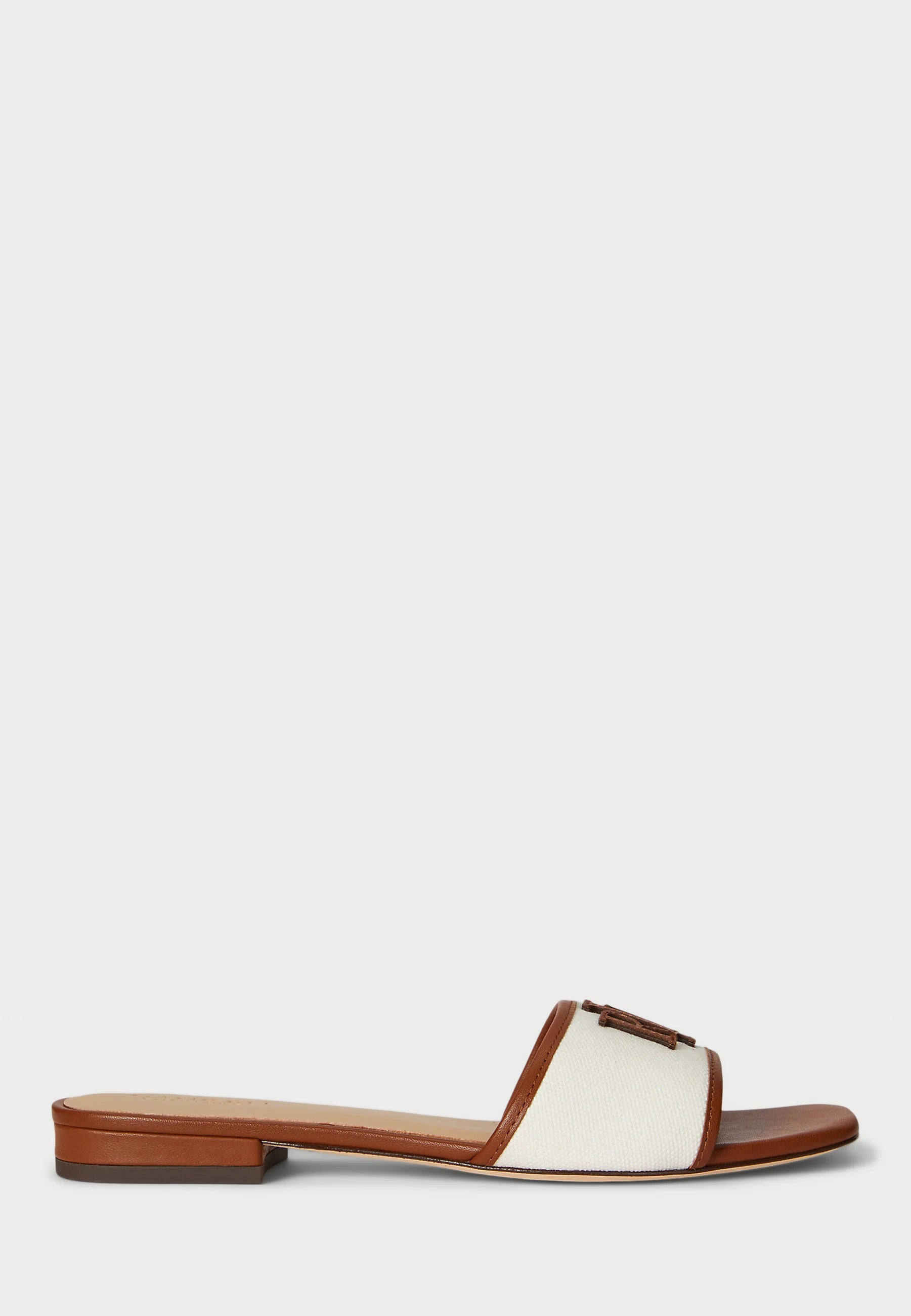 Ralph Lauren EVERLEY LEATHER-TRIM CANVAS SLIDE SANDAL - Sandals - natural/lauren tan