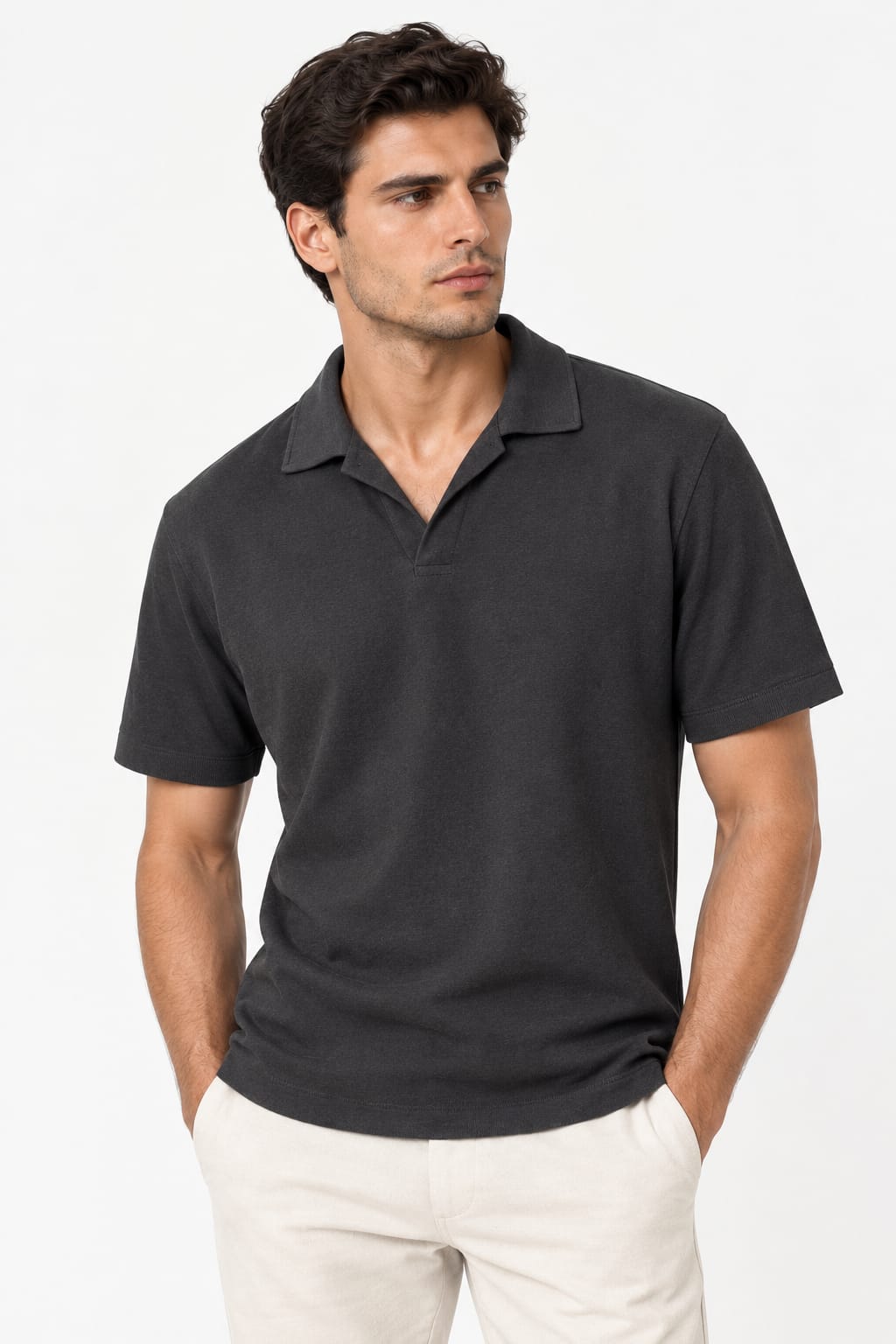 dark grey or charcoal short-sleeve polo shirt