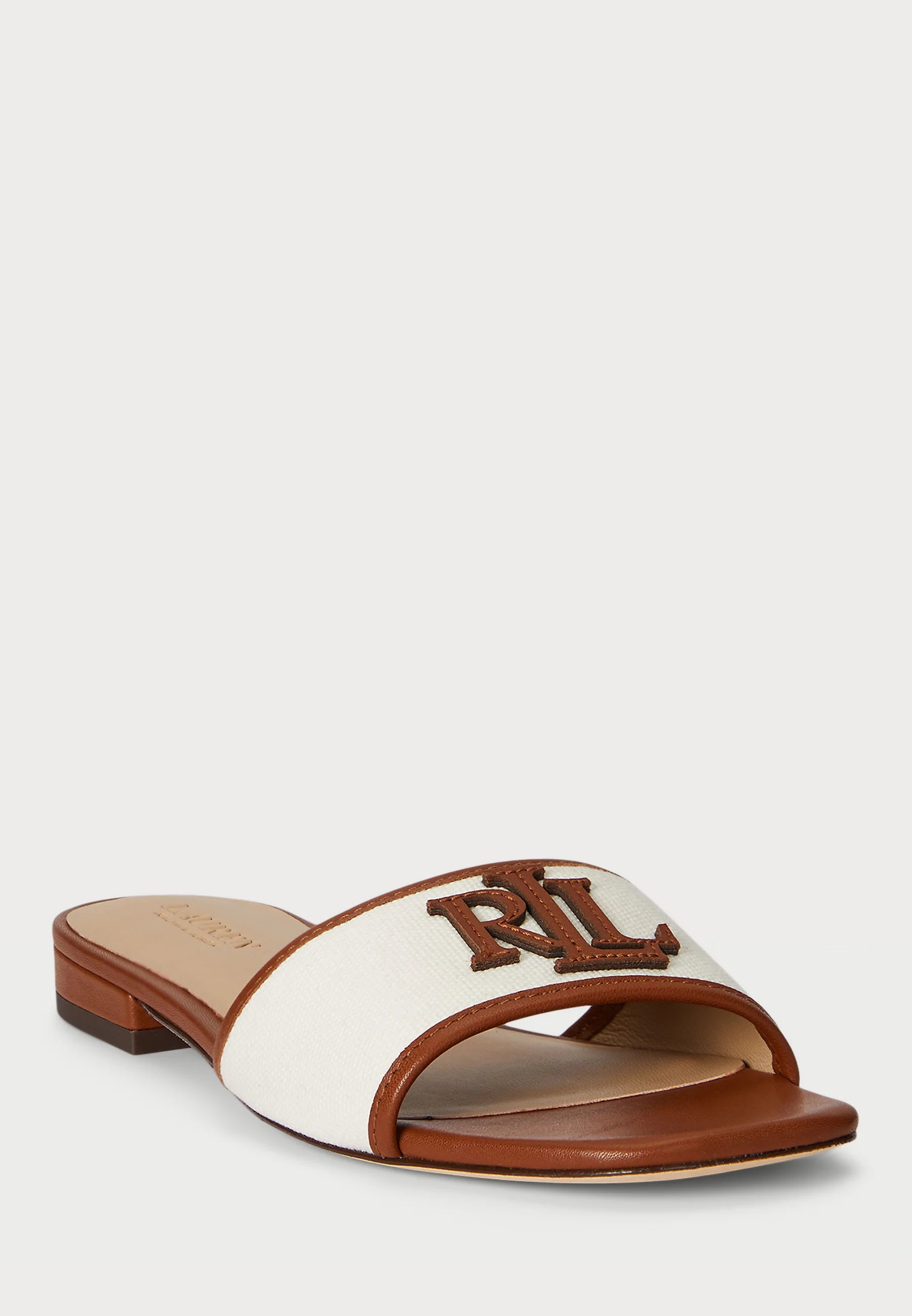 Ralph Lauren EVERLEY LEATHER-TRIM CANVAS SLIDE SANDAL - Sandals - natural/lauren tan